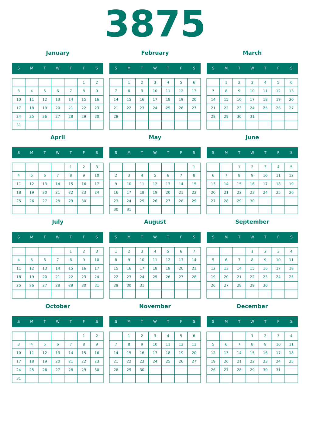 Printable 3875 Year Calendars pastel