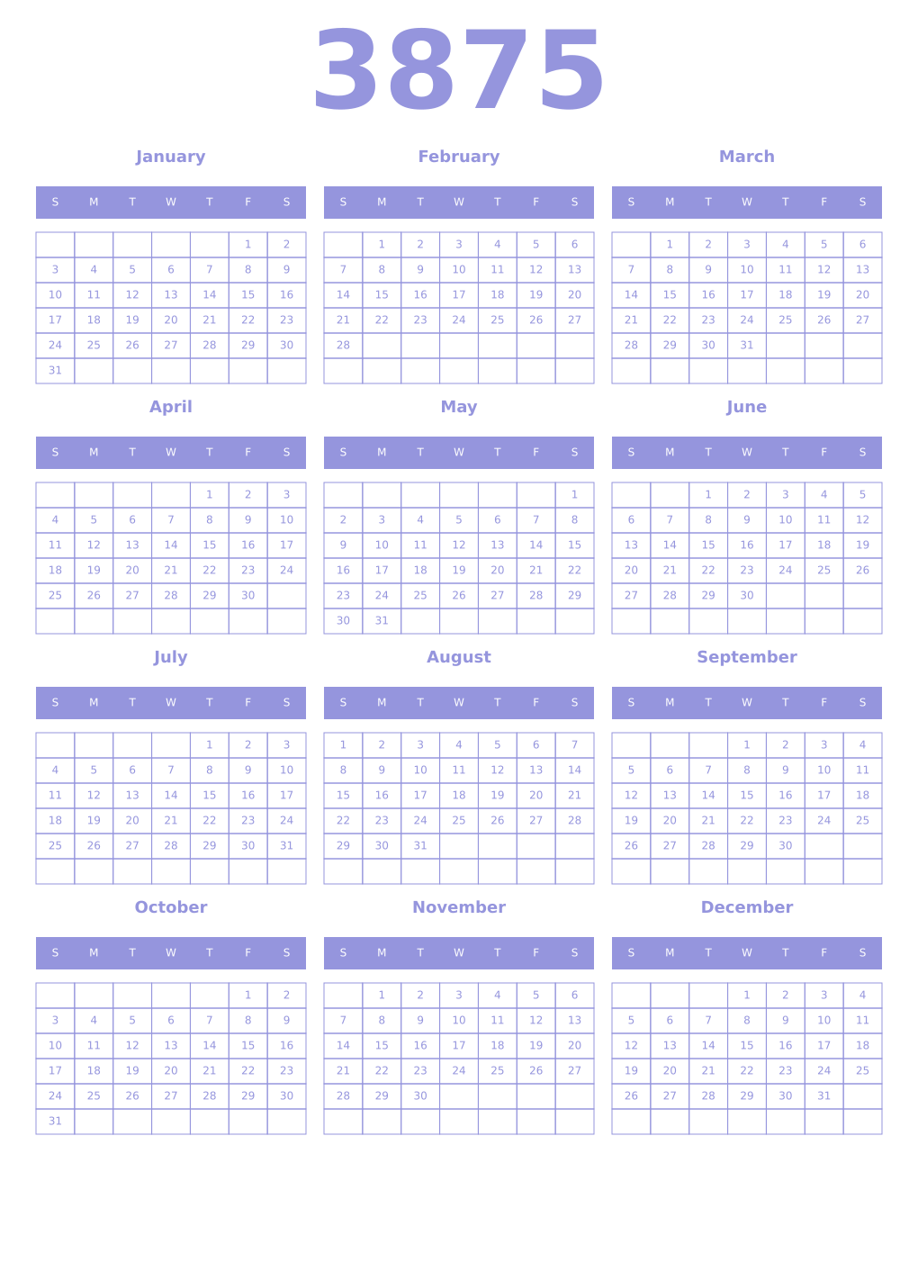 Printable 3875 Year Calendars periwinkle