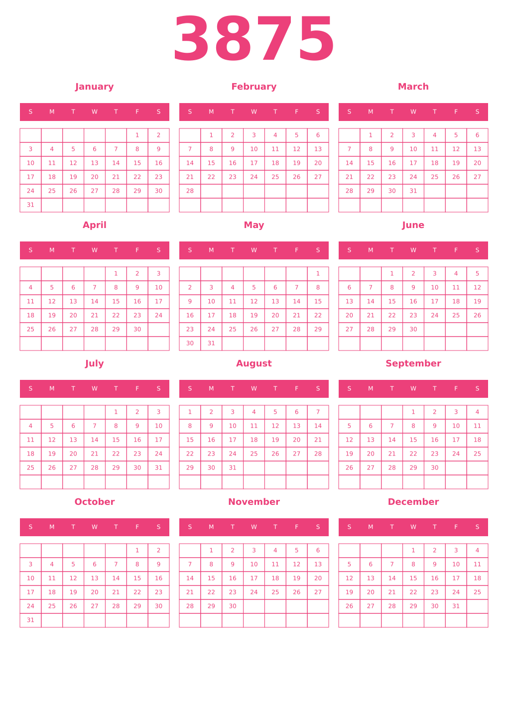 Printable 3875 Year Calendars pink