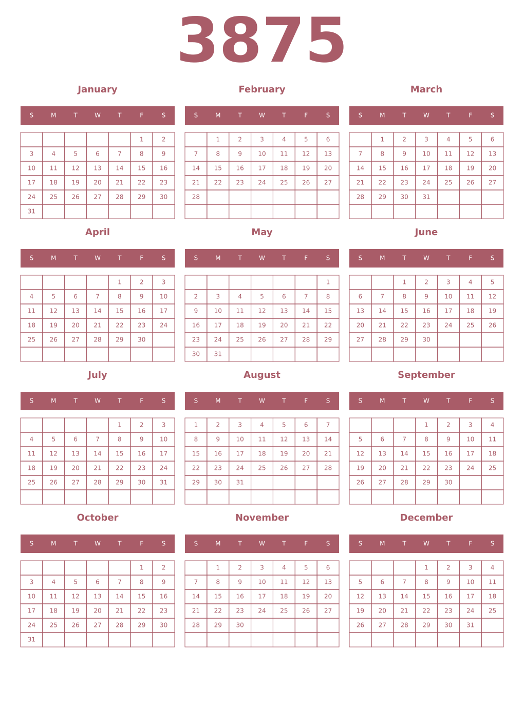 Printable 3875 Year Calendars puce