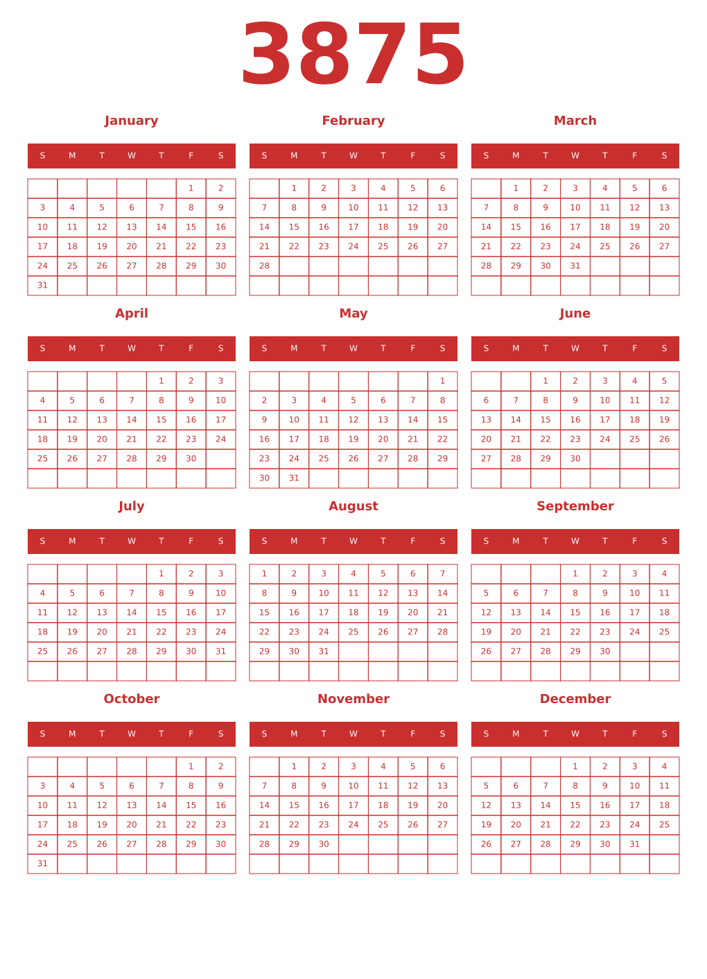 Printable 3875 Year Calendars red