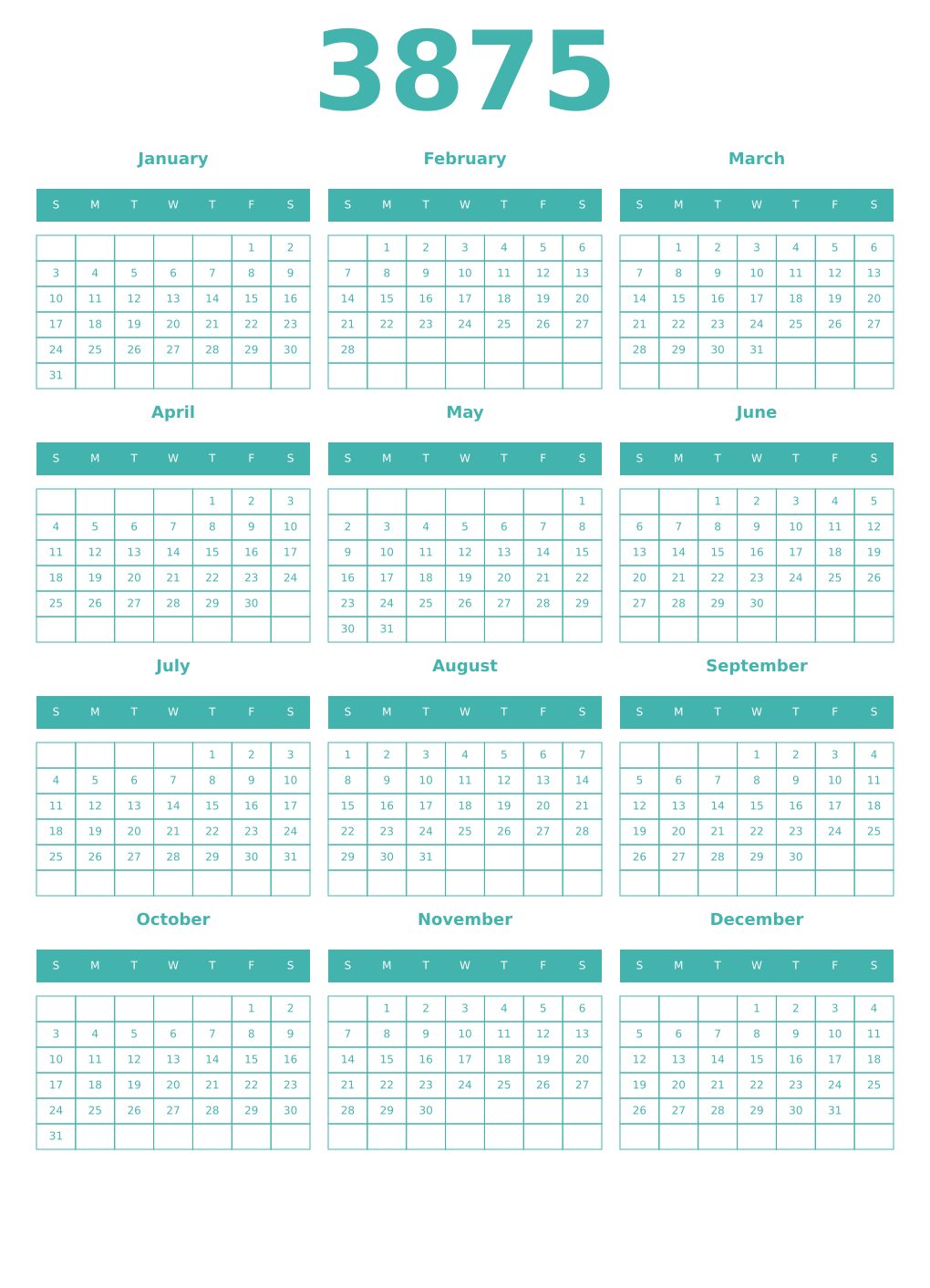 Printable 3875 Year Calendars verdigris