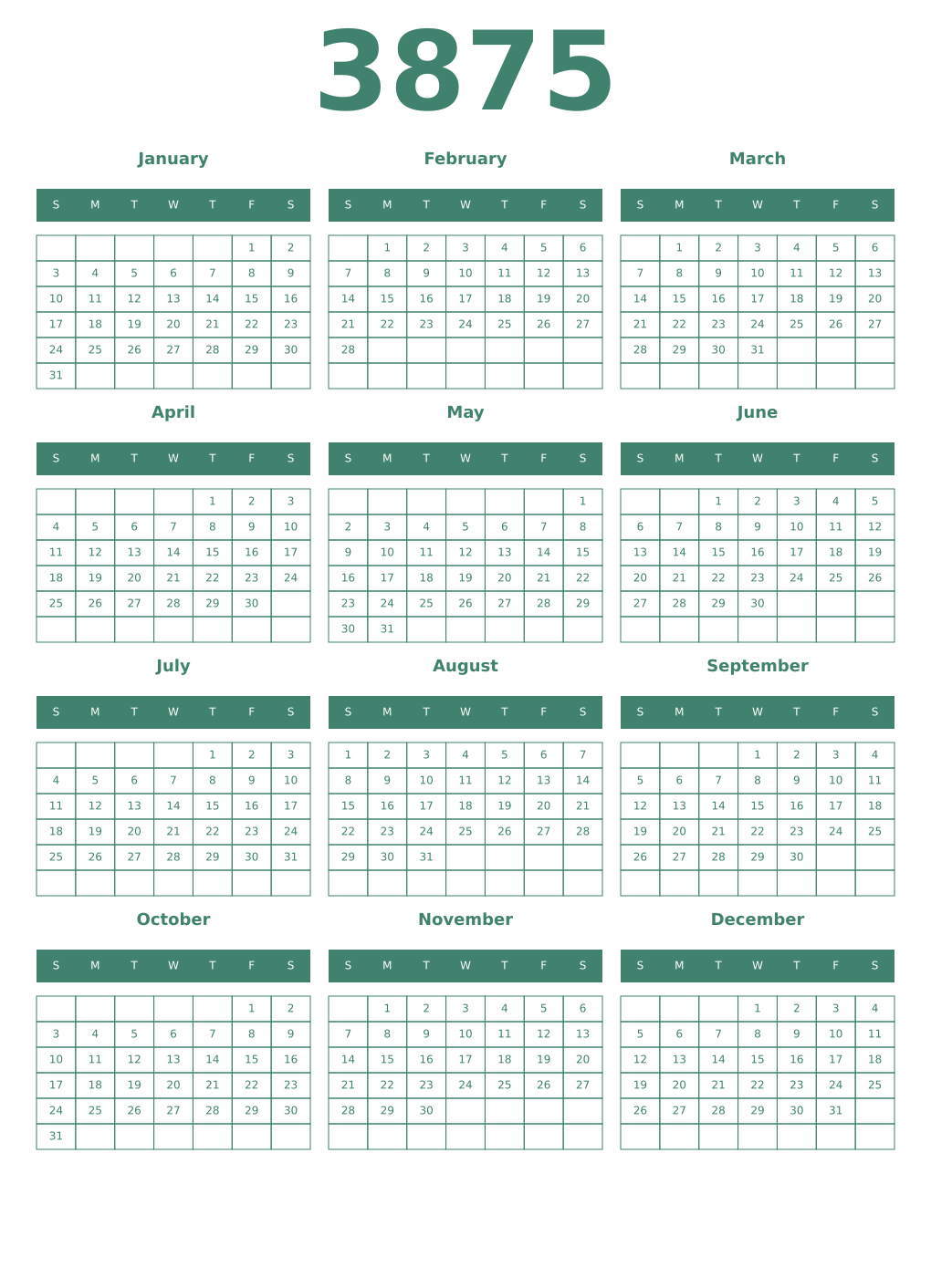 Printable 3875 Year Calendars viridian