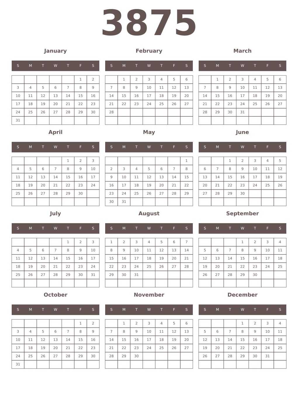 Printable 3875 Year Calendars wenge