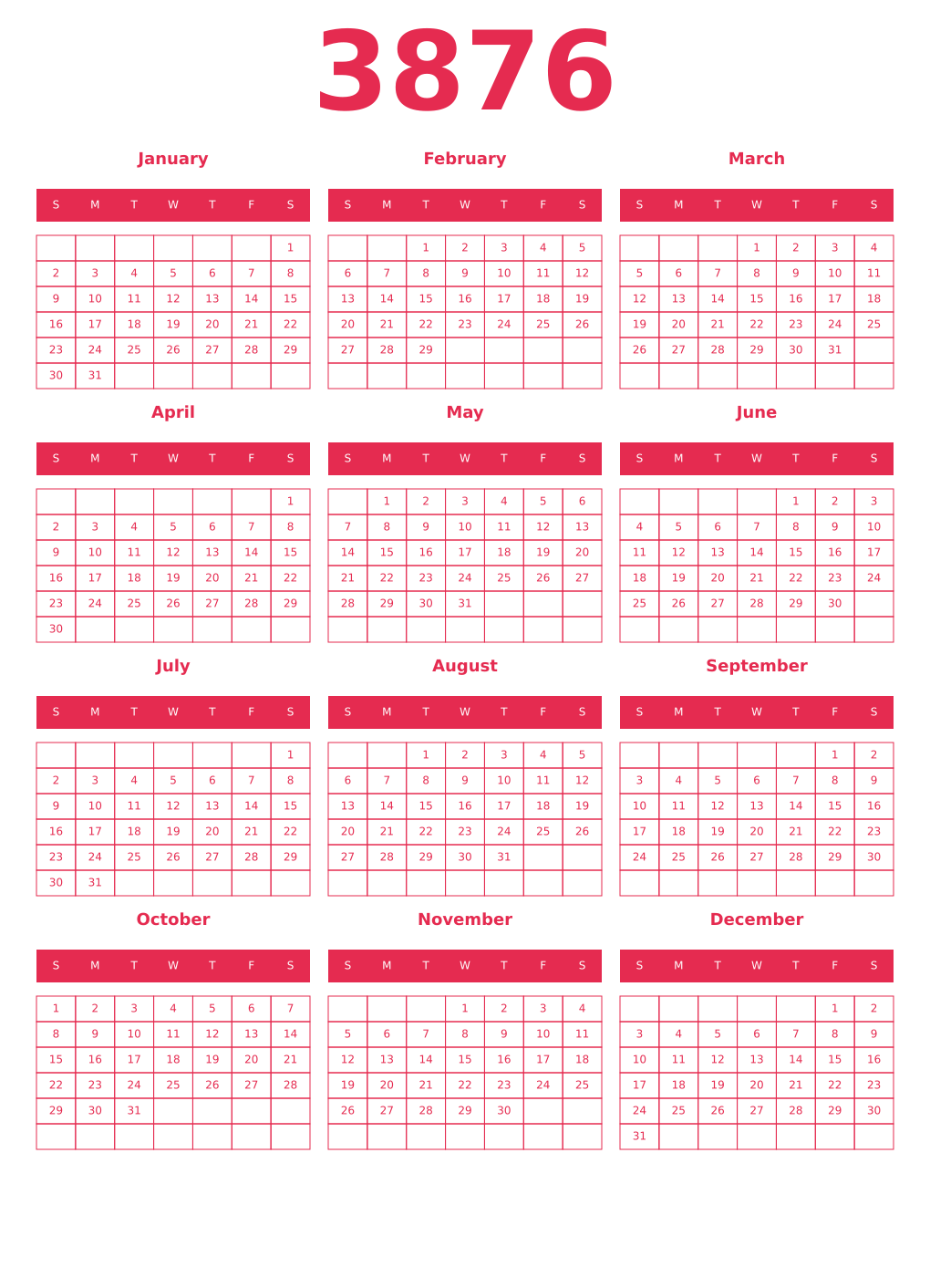 Printable 3876 Year Calendars amaranth