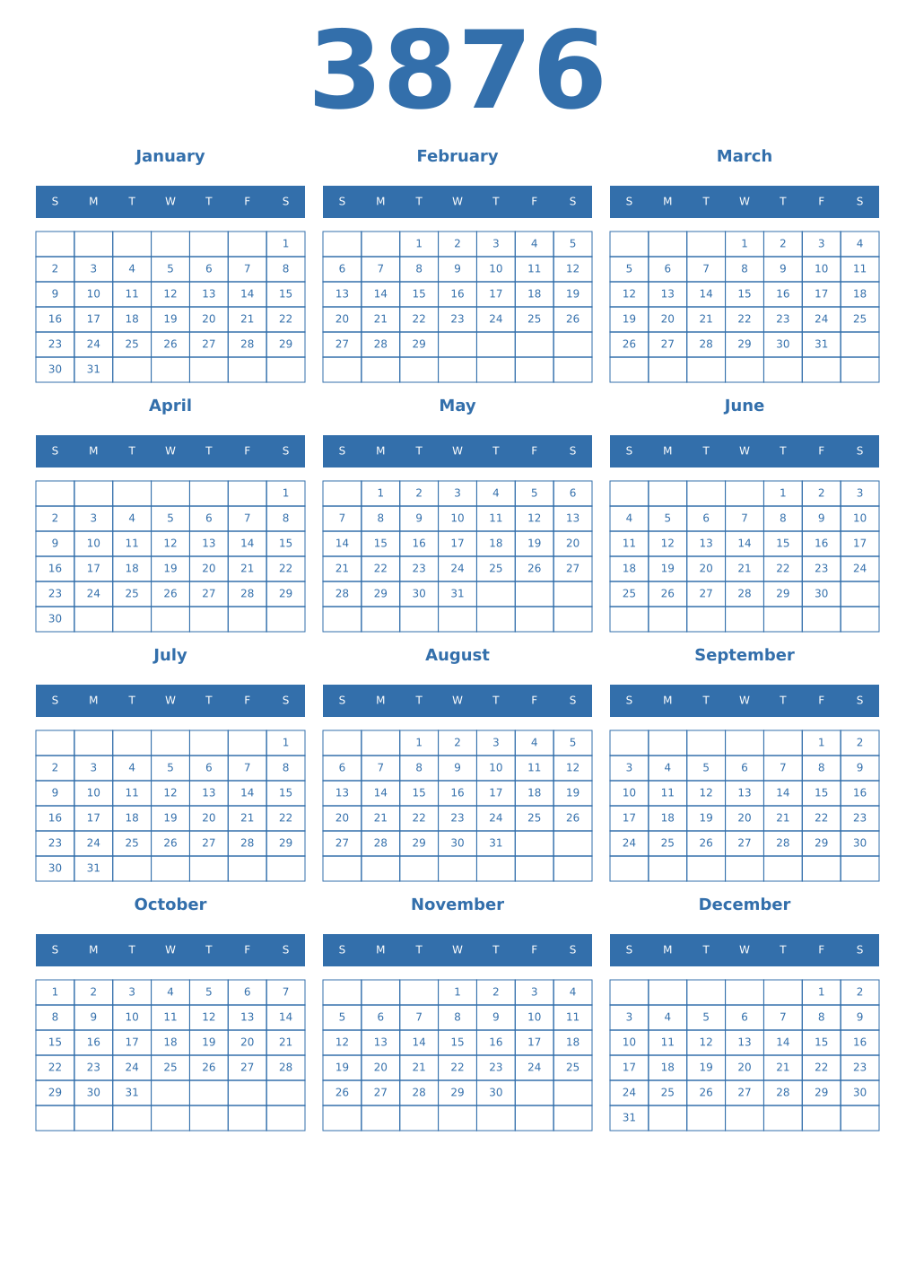 Printable 3876 Year Calendars blue