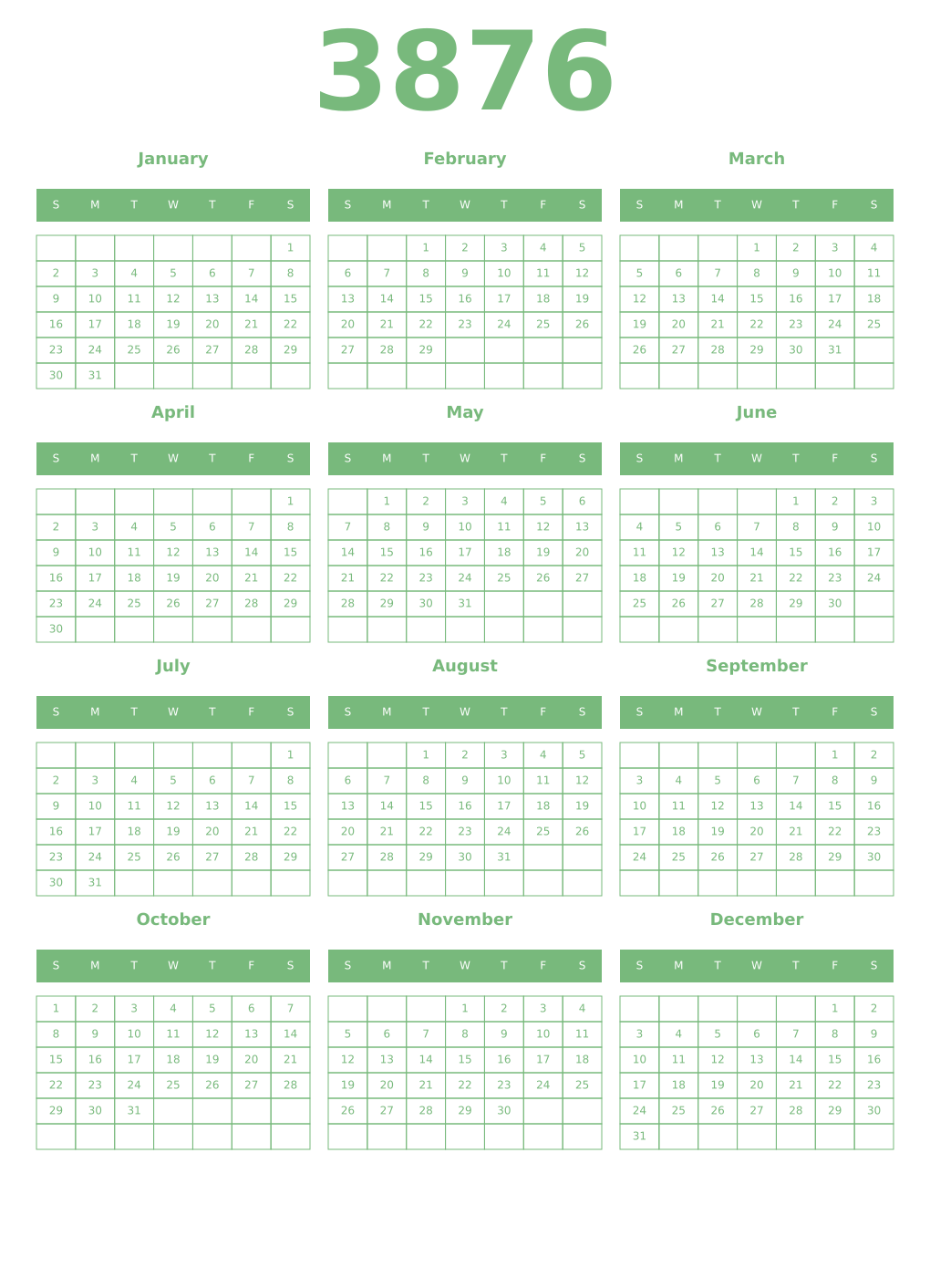 Printable 3876 Year Calendars celadon