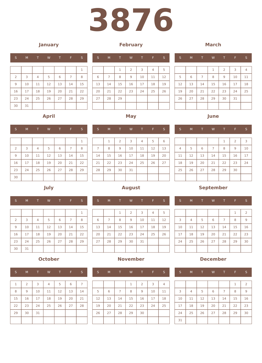 Printable 3876 Year Calendars coffe