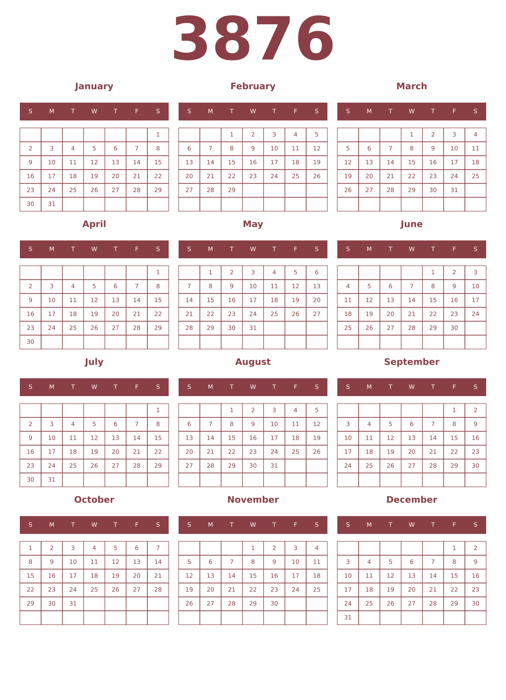Printable 3876 Year Calendars cordovan