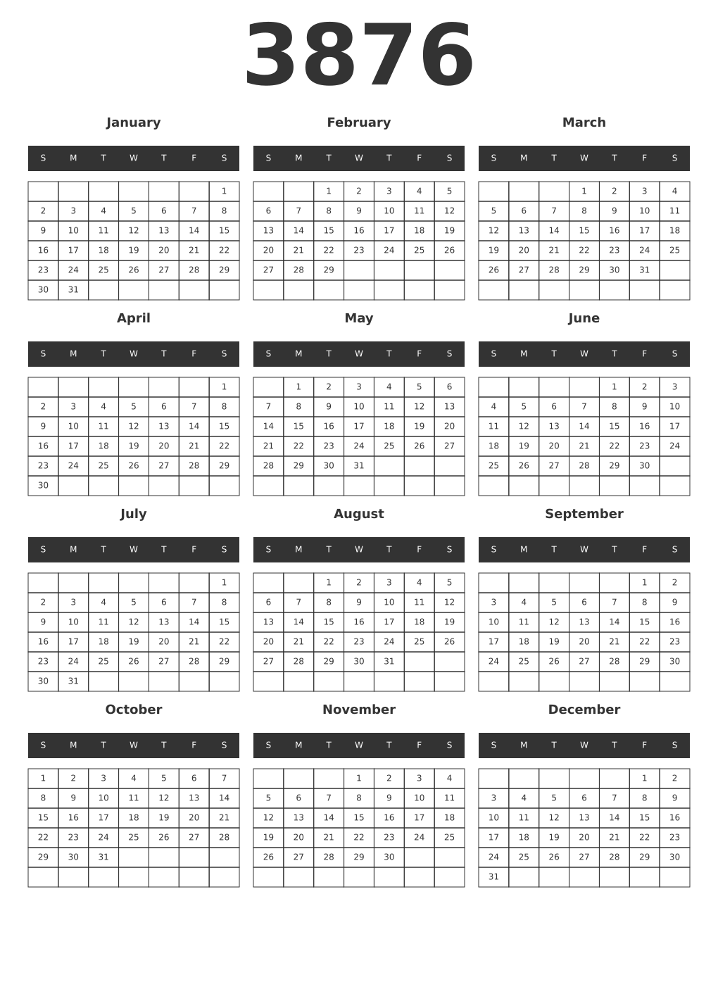 Printable 3876 Year Calendars dark