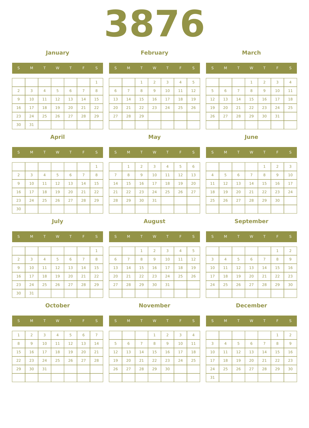 Printable 3876 Year Calendars eburnean