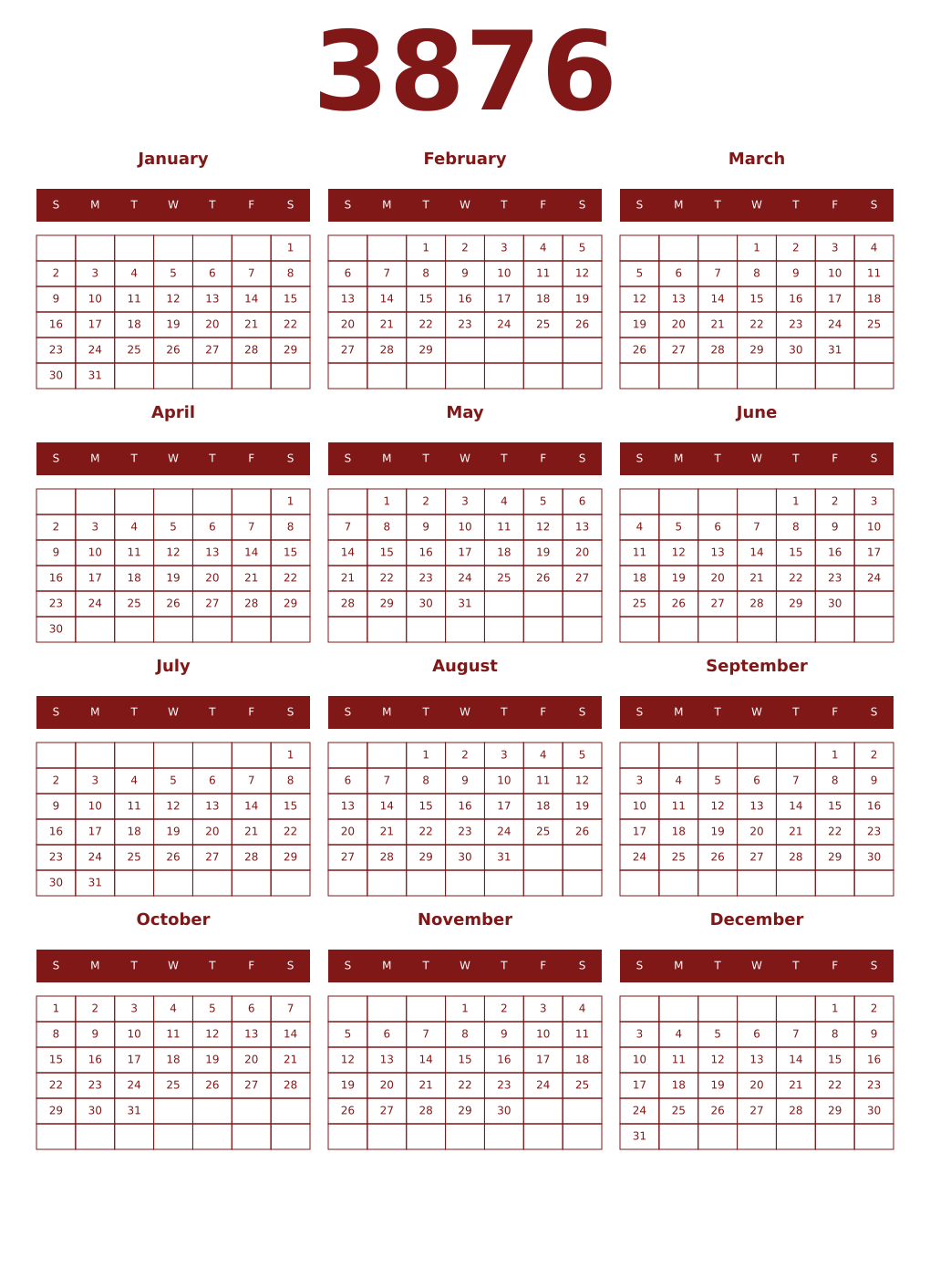 Printable 3876 Year Calendars falu