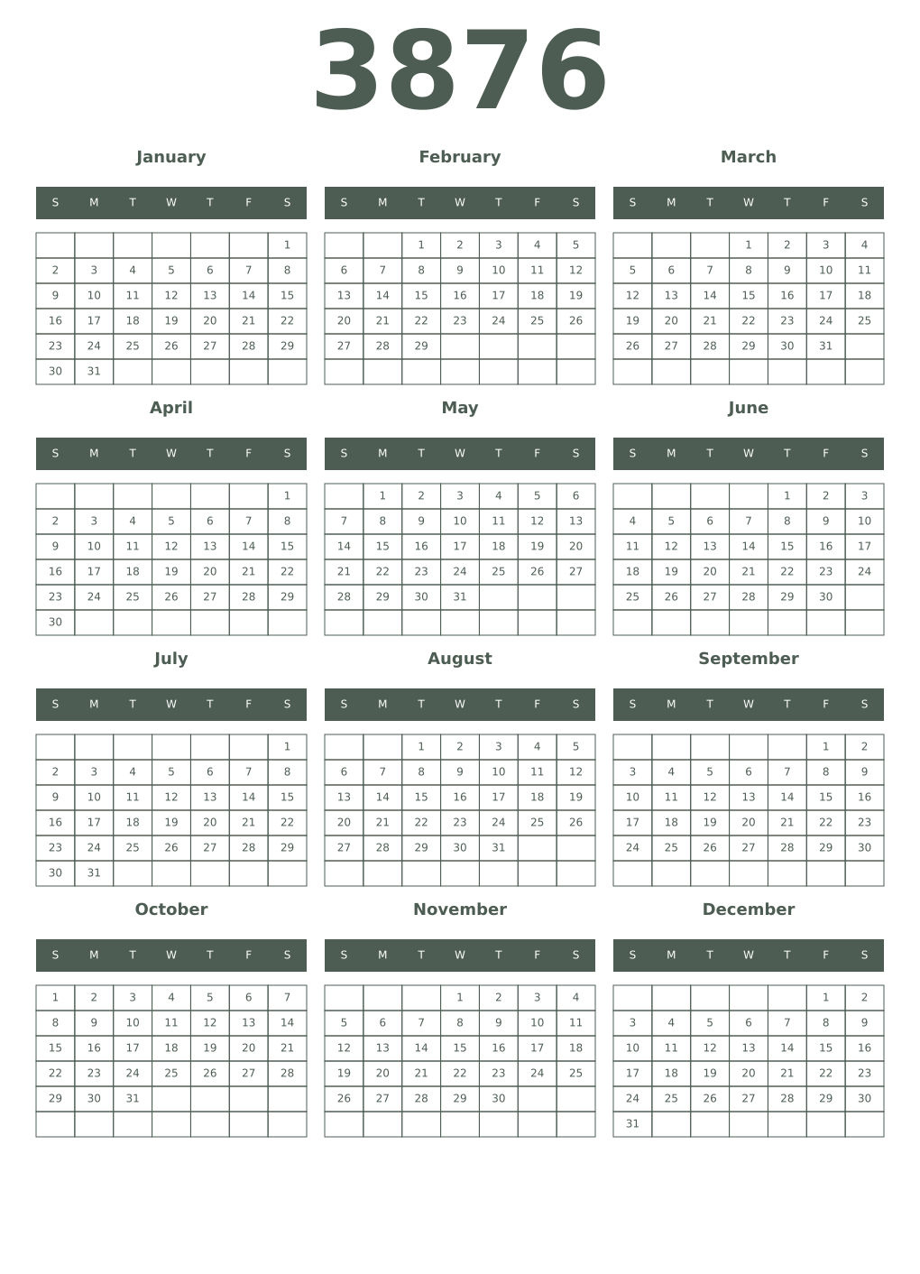 Printable 3876 Year Calendars feldgrau