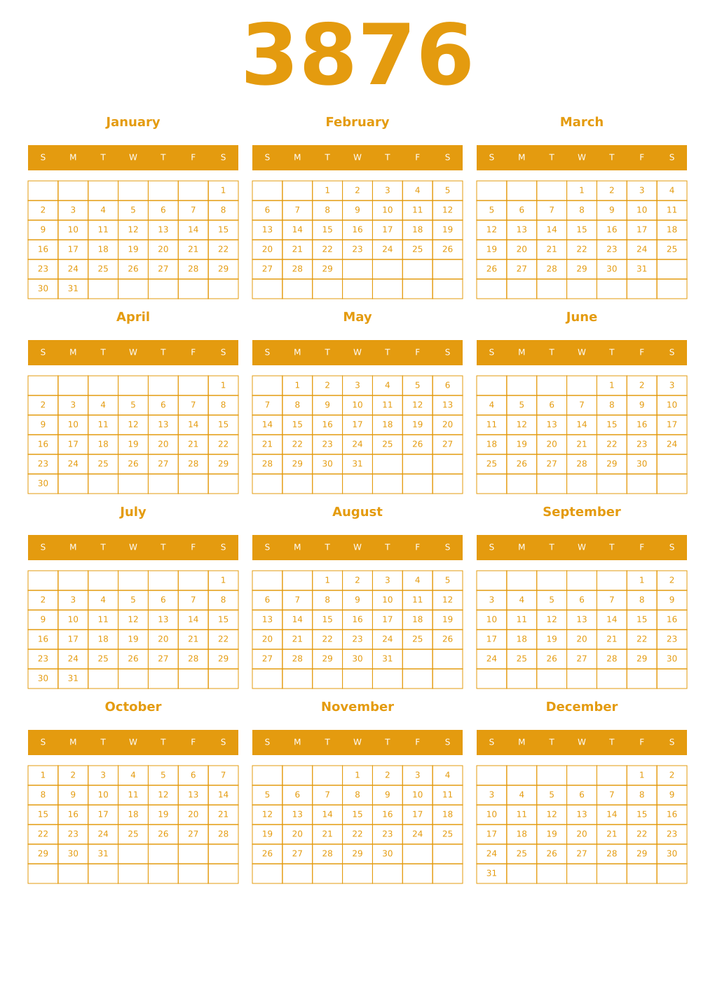 Printable 3876 Year Calendars gamboge