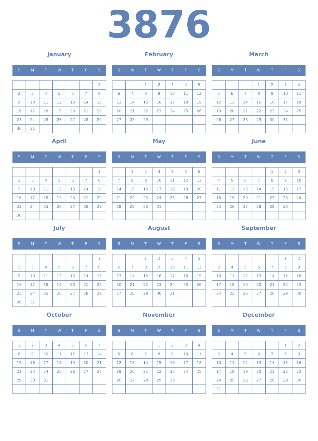 Printable 3876 Year Calendars glaucous