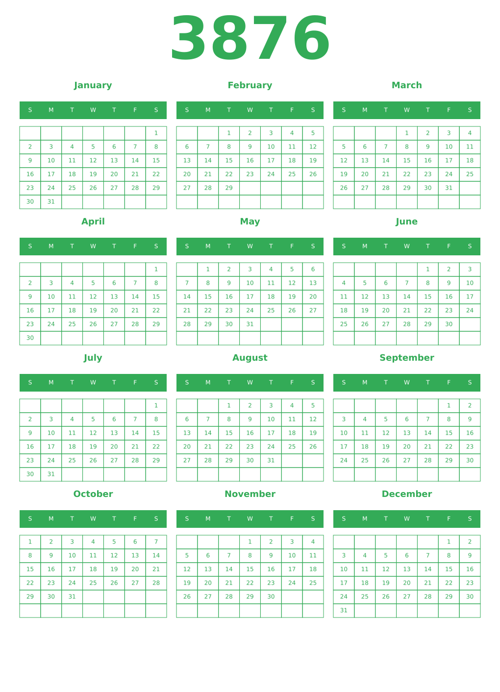 Printable 3876 Year Calendars green