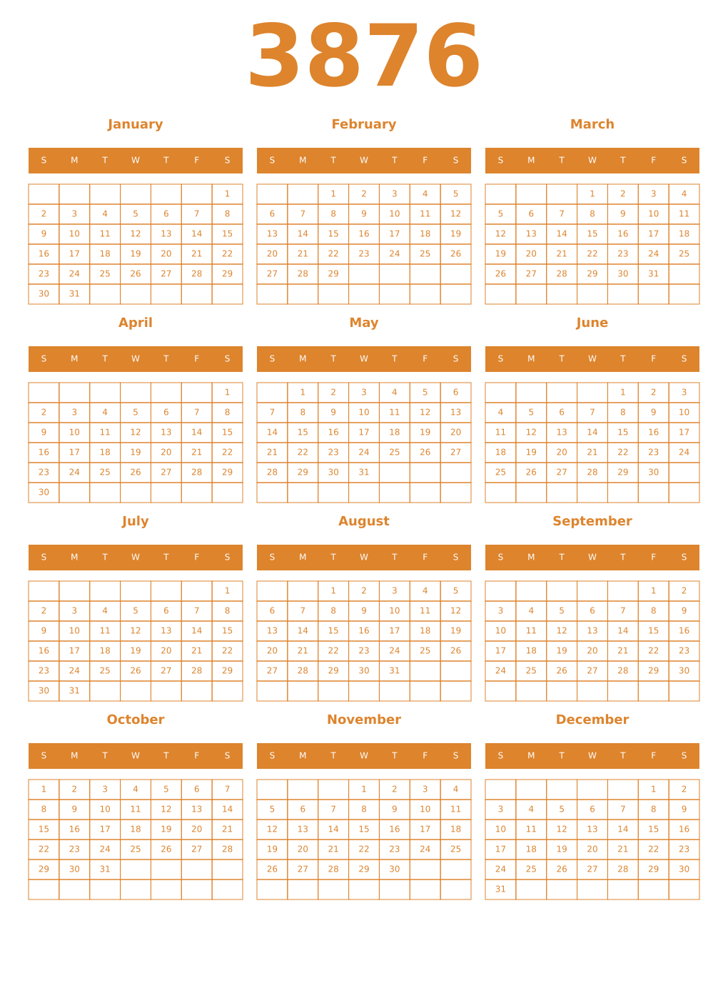 Printable 3876 Year Calendars orange