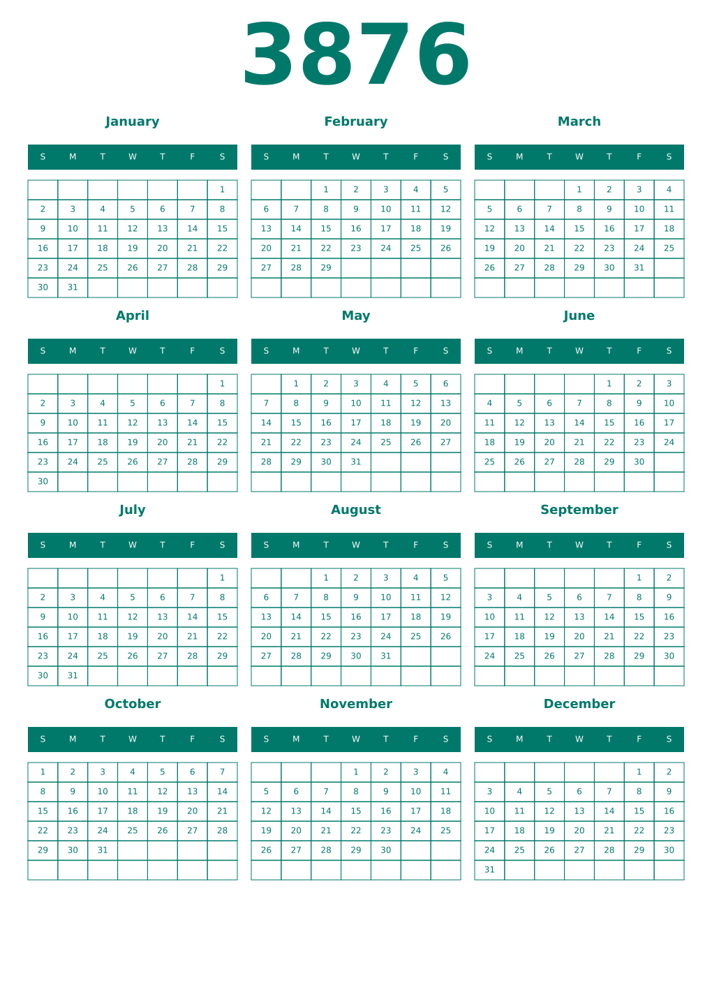Printable 3876 Year Calendars pastel
