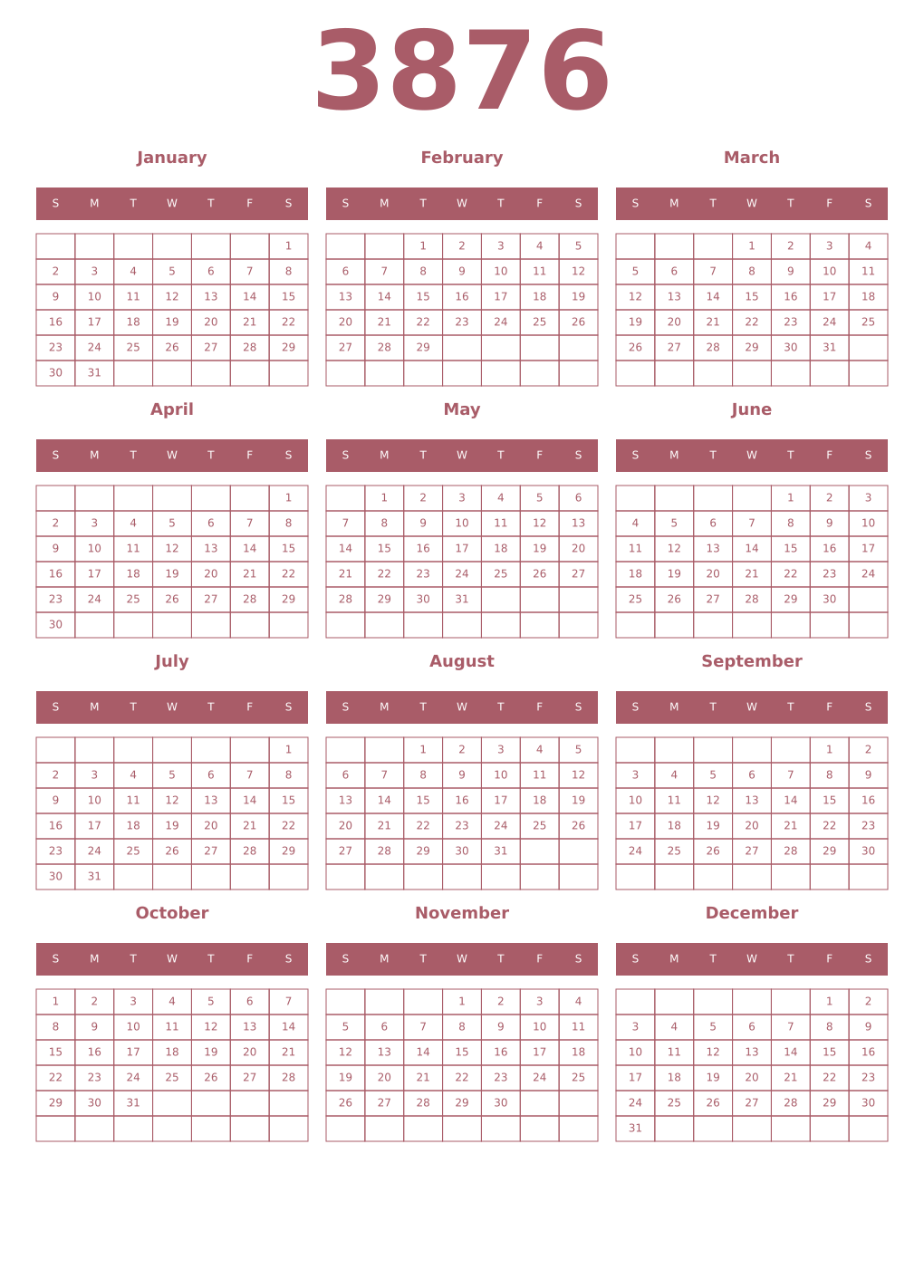 Printable 3876 Year Calendars puce