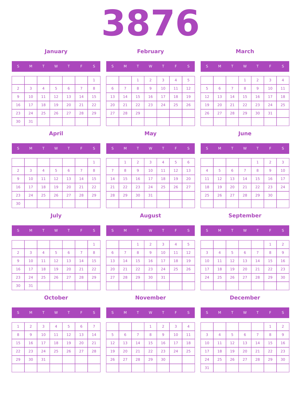Printable 3876 Year Calendars purple