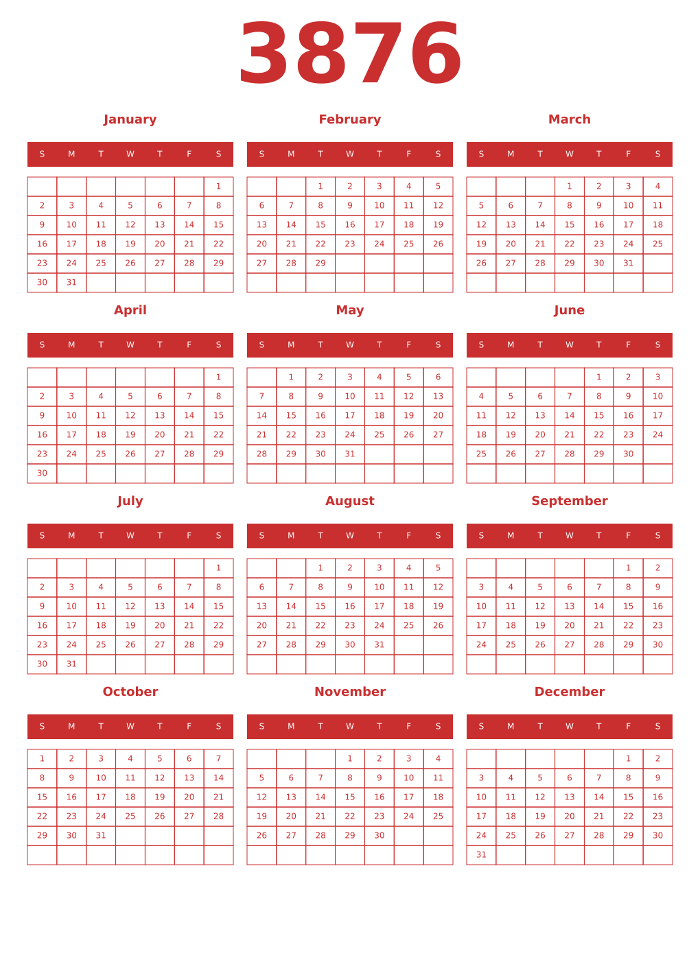 Printable 3876 Year Calendars red