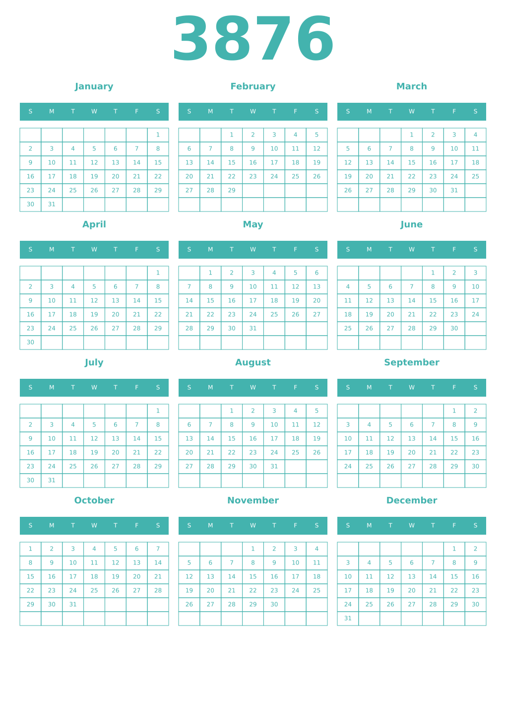 Printable 3876 Year Calendars verdigris