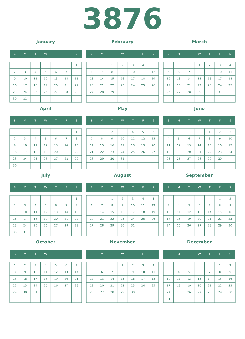 Printable 3876 Year Calendars viridian