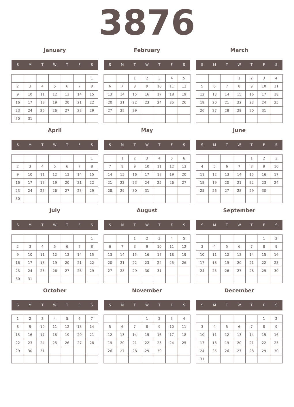 Printable 3876 Year Calendars wenge