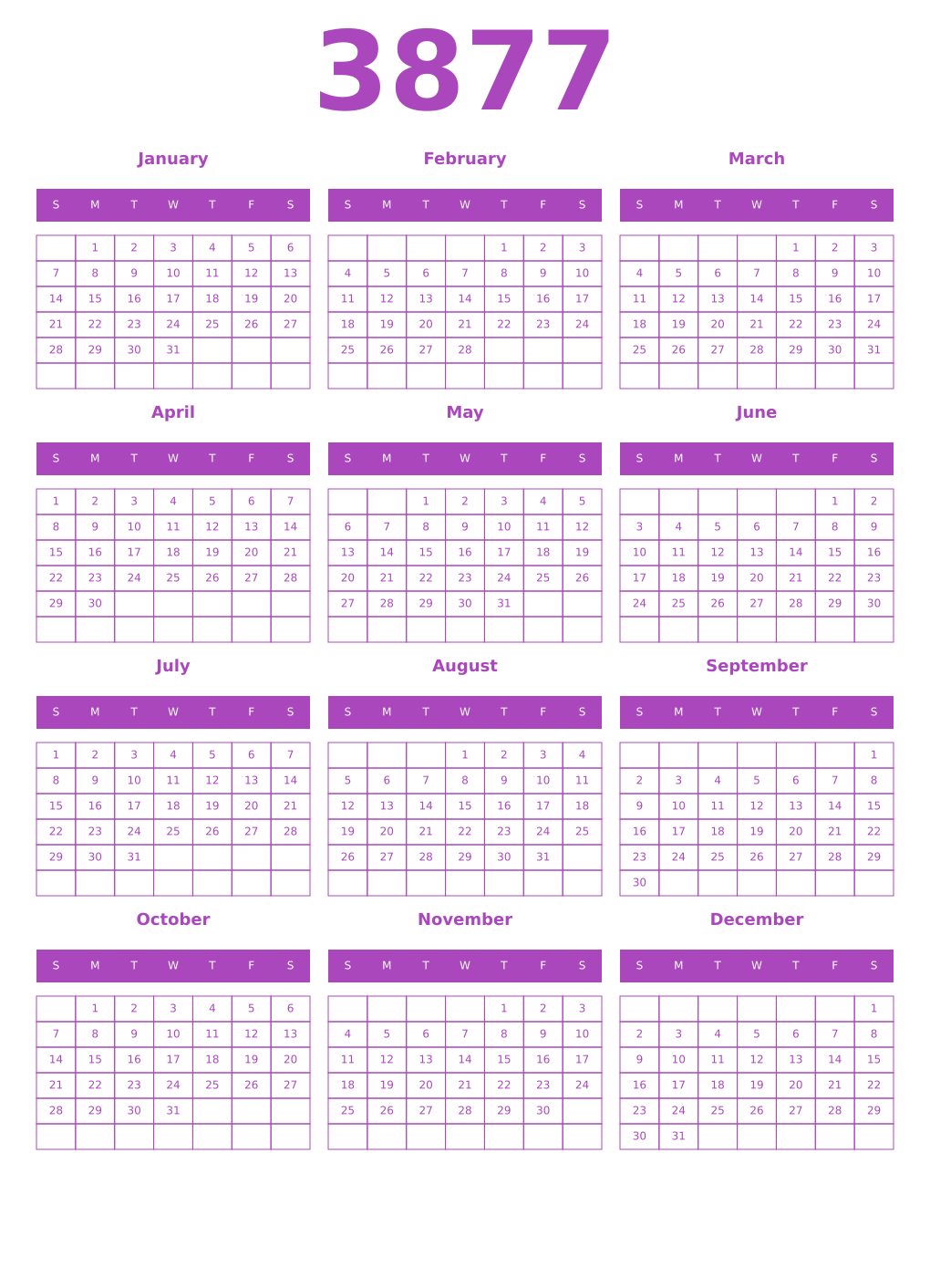 Printable 3877 Year Calendars purple