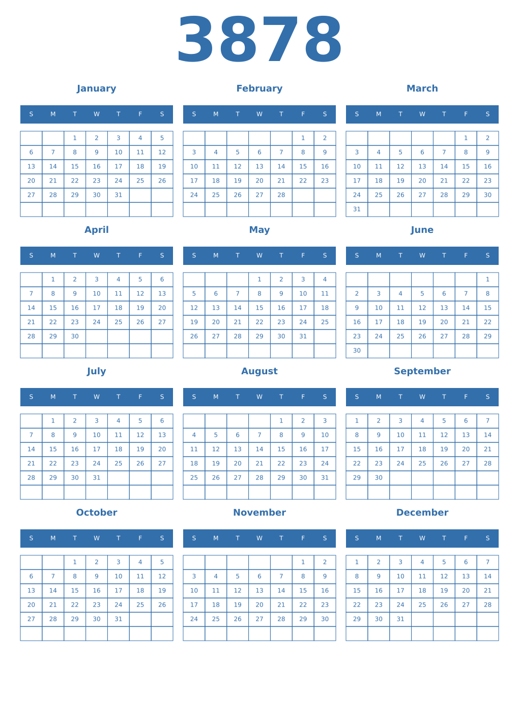 Printable 3878 Year Calendars blue
