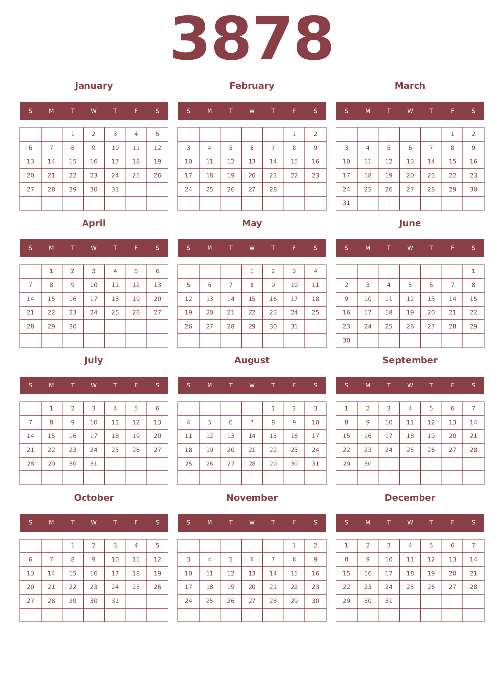 Printable 3878 Year Calendars cordovan
