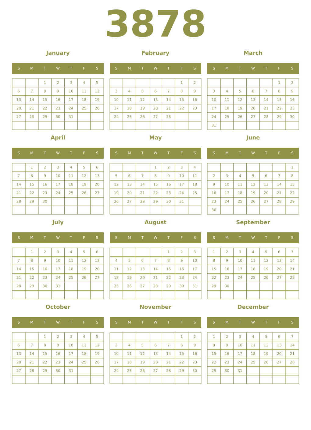 Printable 3878 Year Calendars eburnean