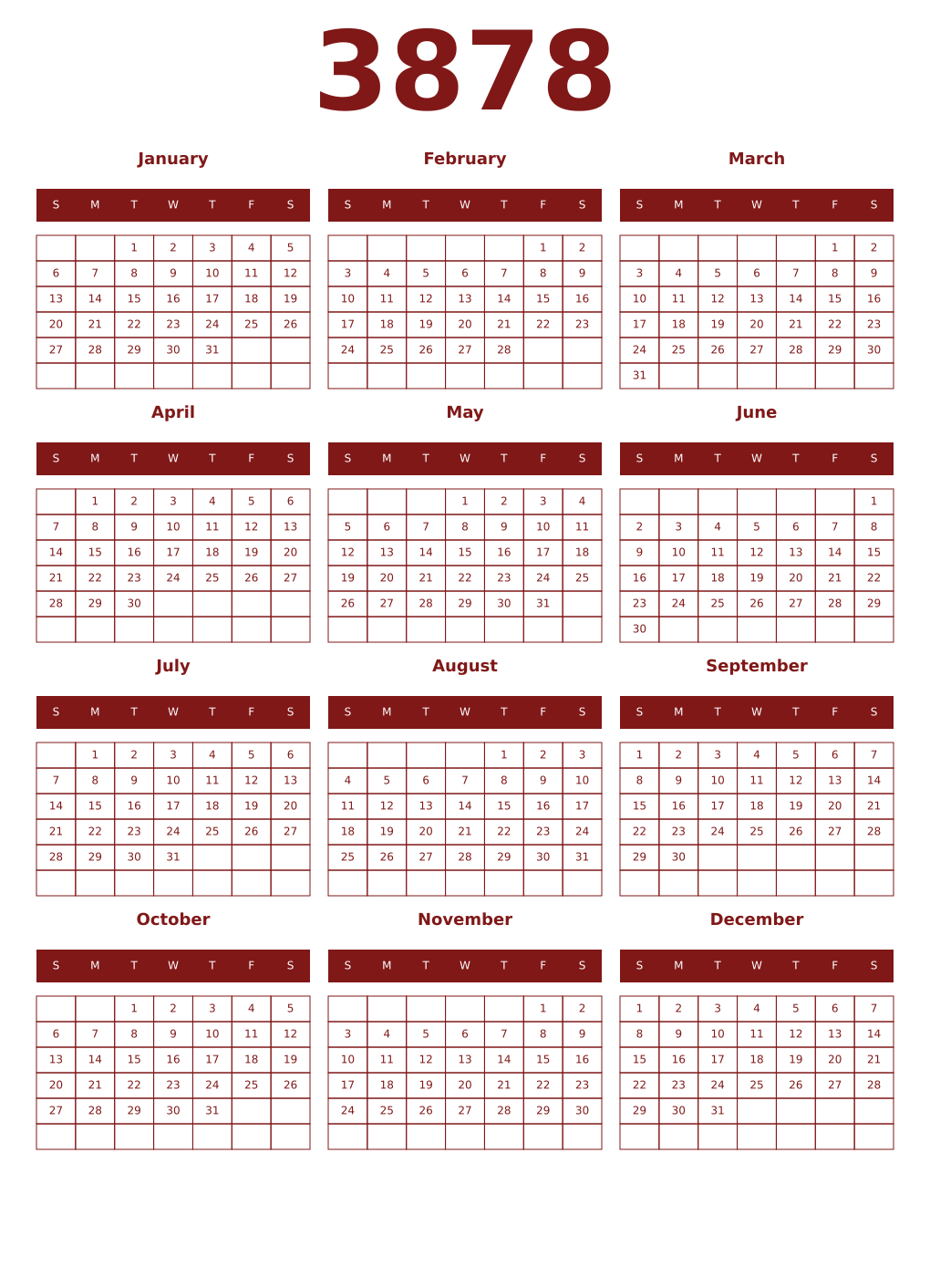 Printable 3878 Year Calendars falu