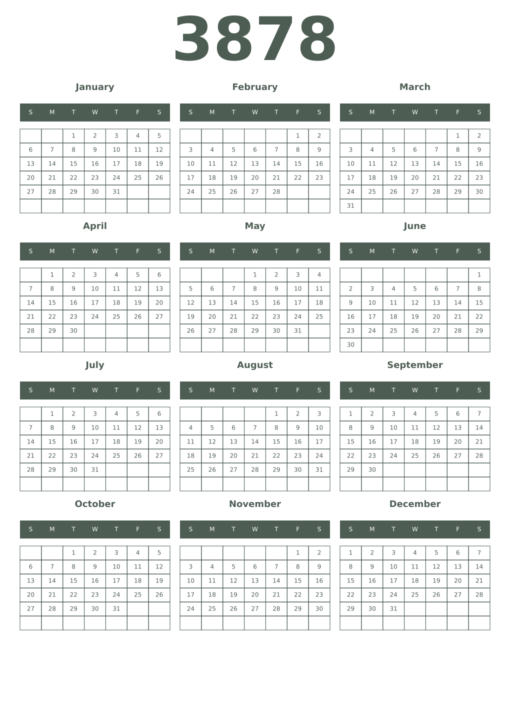 Printable 3878 Year Calendars feldgrau