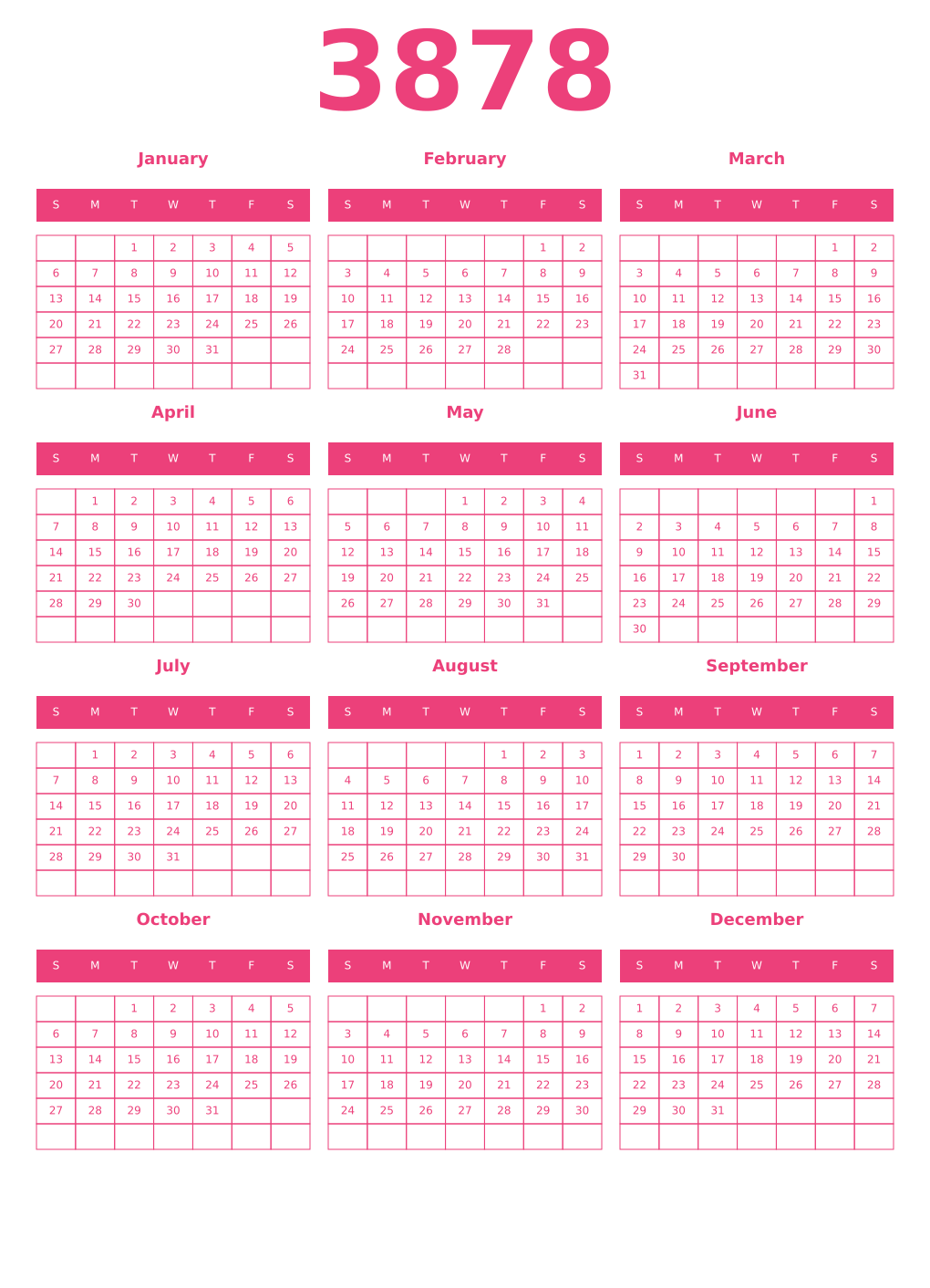 Printable 3878 Year Calendars pink