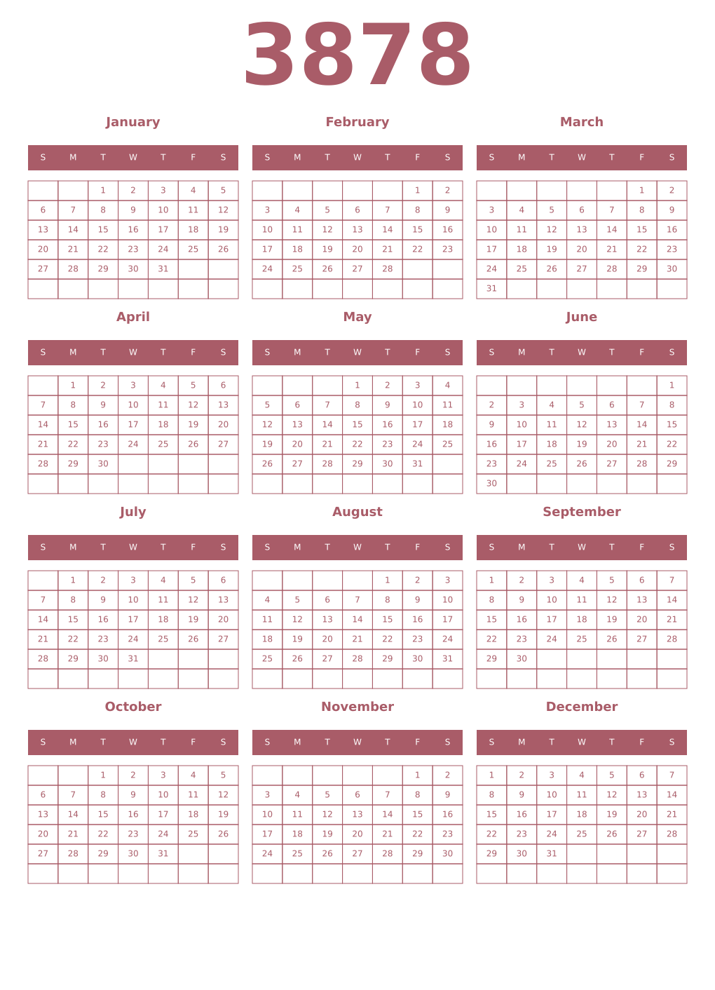 Printable 3878 Year Calendars puce