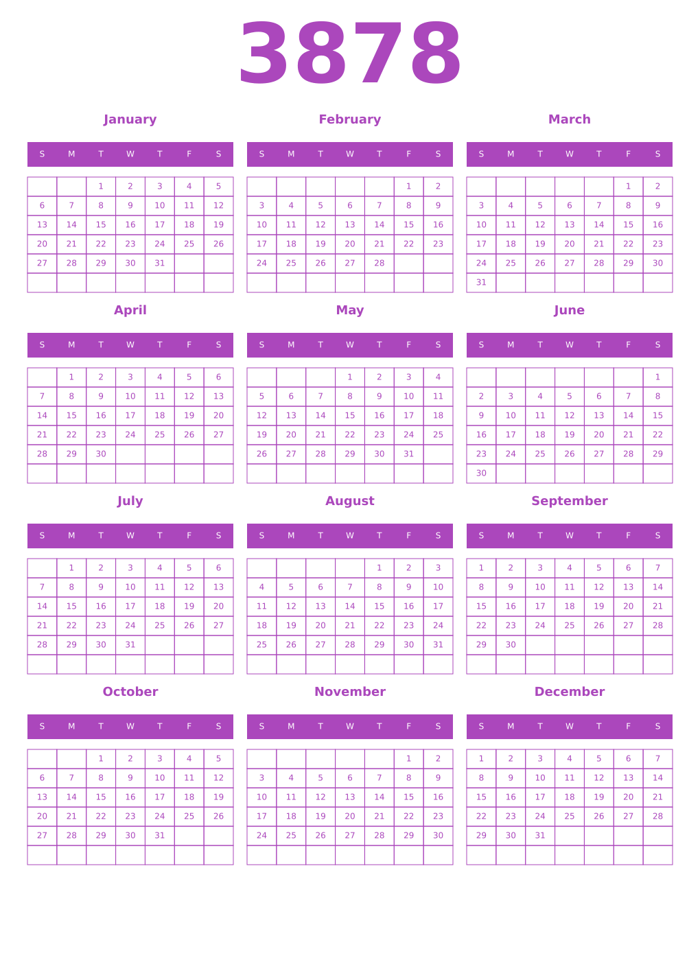 Printable 3878 Year Calendars purple