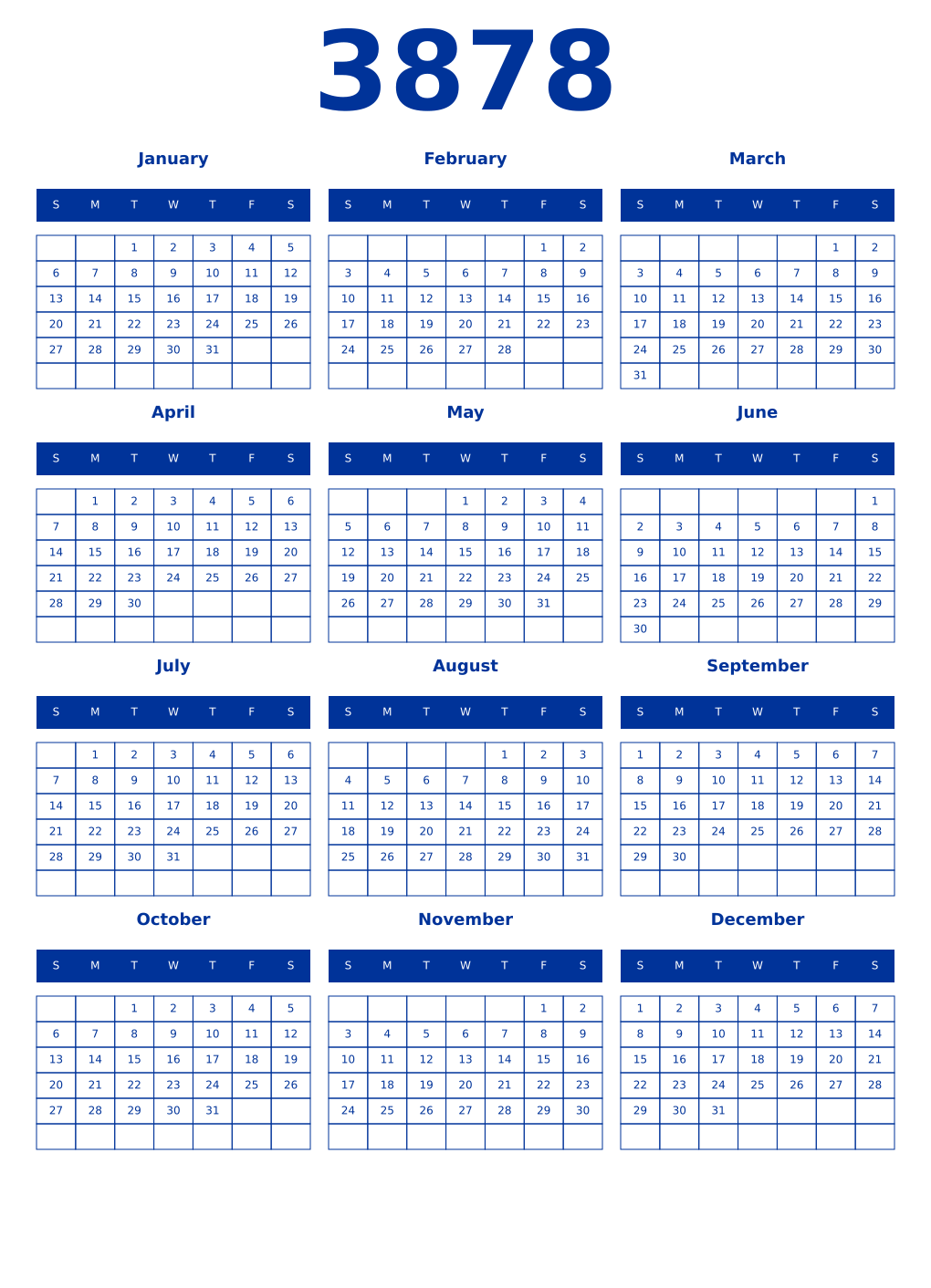 Printable 3878 Year Calendars smalt