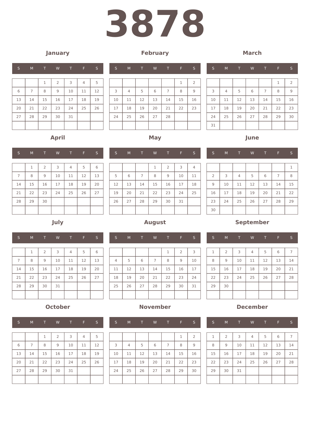 Printable 3878 Year Calendars wenge