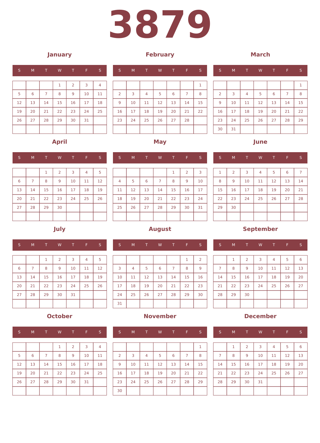 Printable 3879 Year Calendars cordovan
