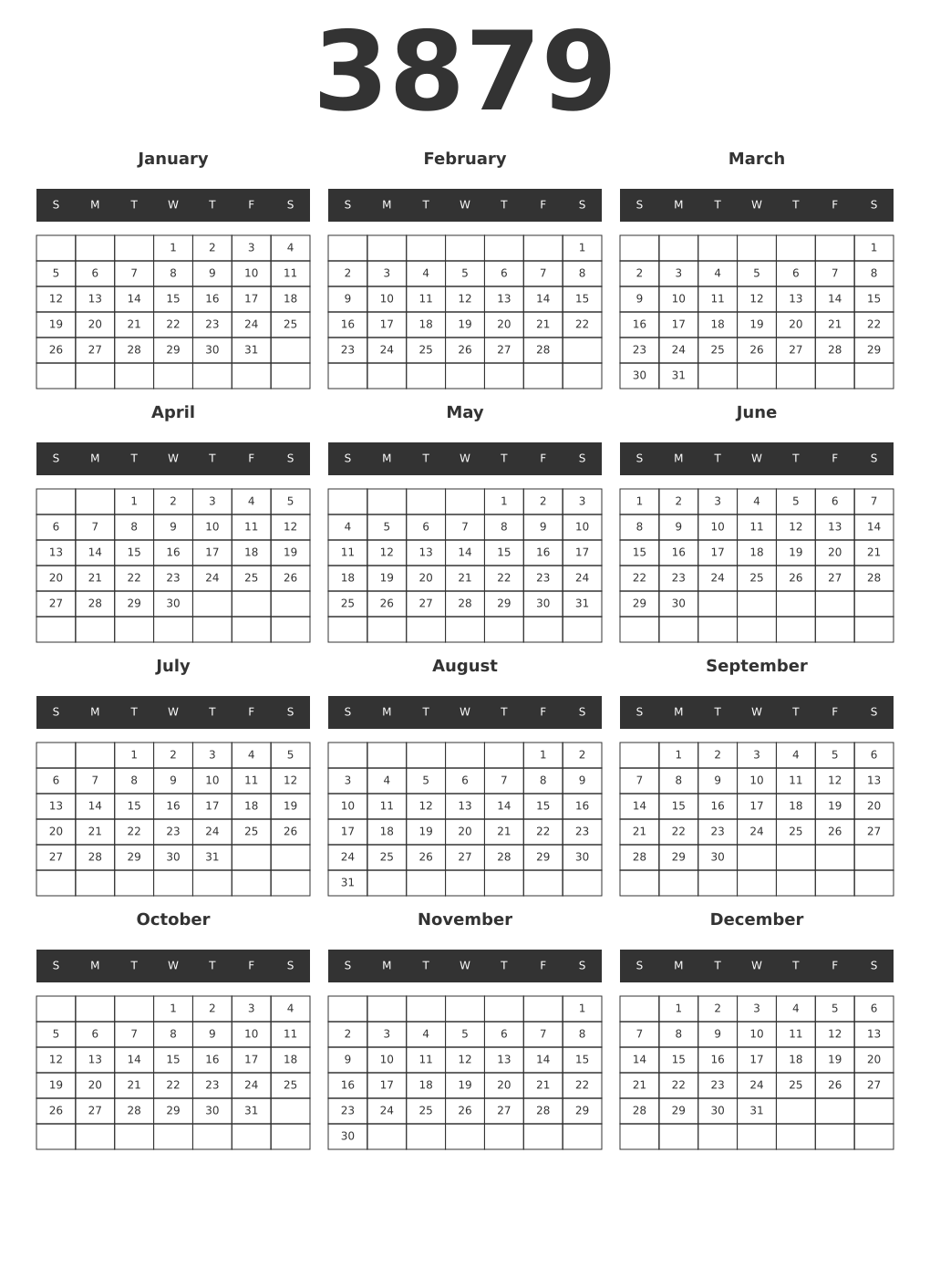 Printable 3879 Year Calendars dark