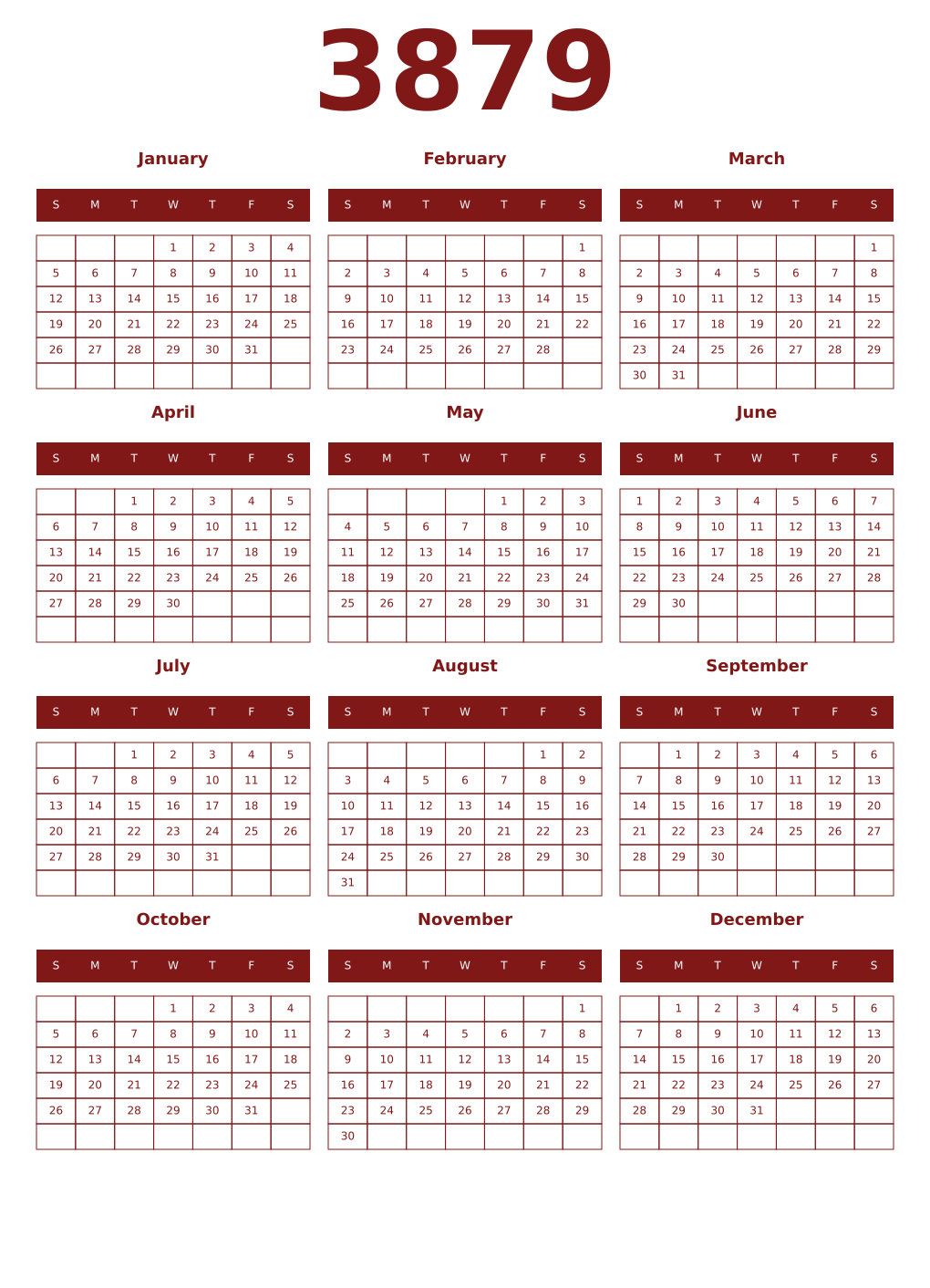 Printable 3879 Year Calendars falu