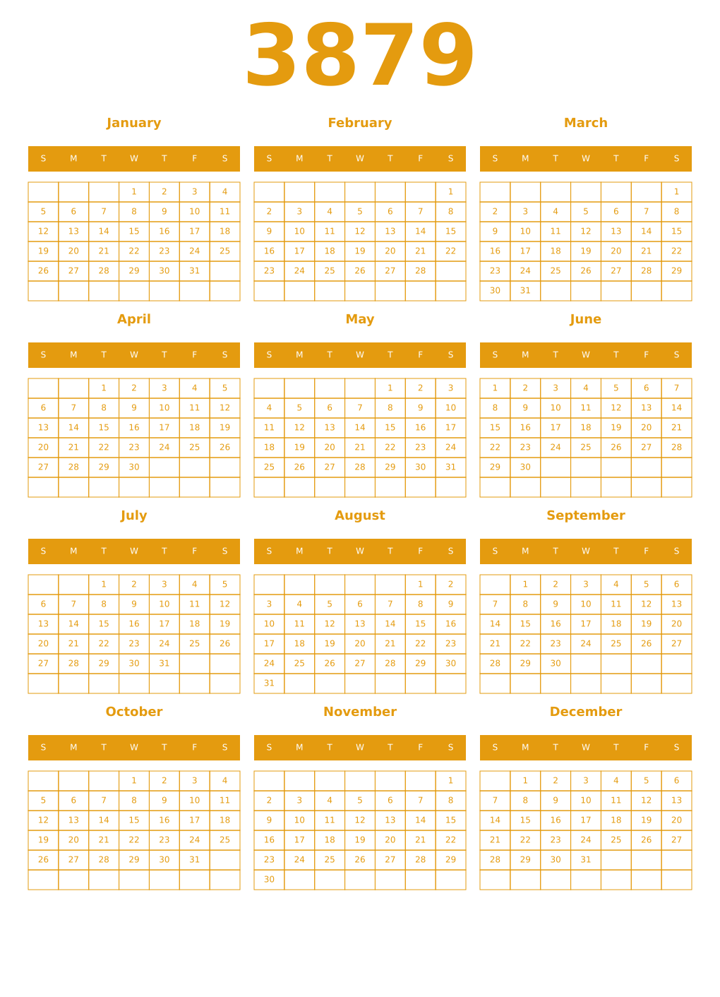 Printable 3879 Year Calendars gamboge