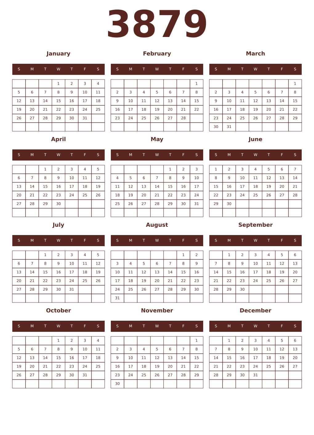 Printable 3879 Year Calendars mortuum
