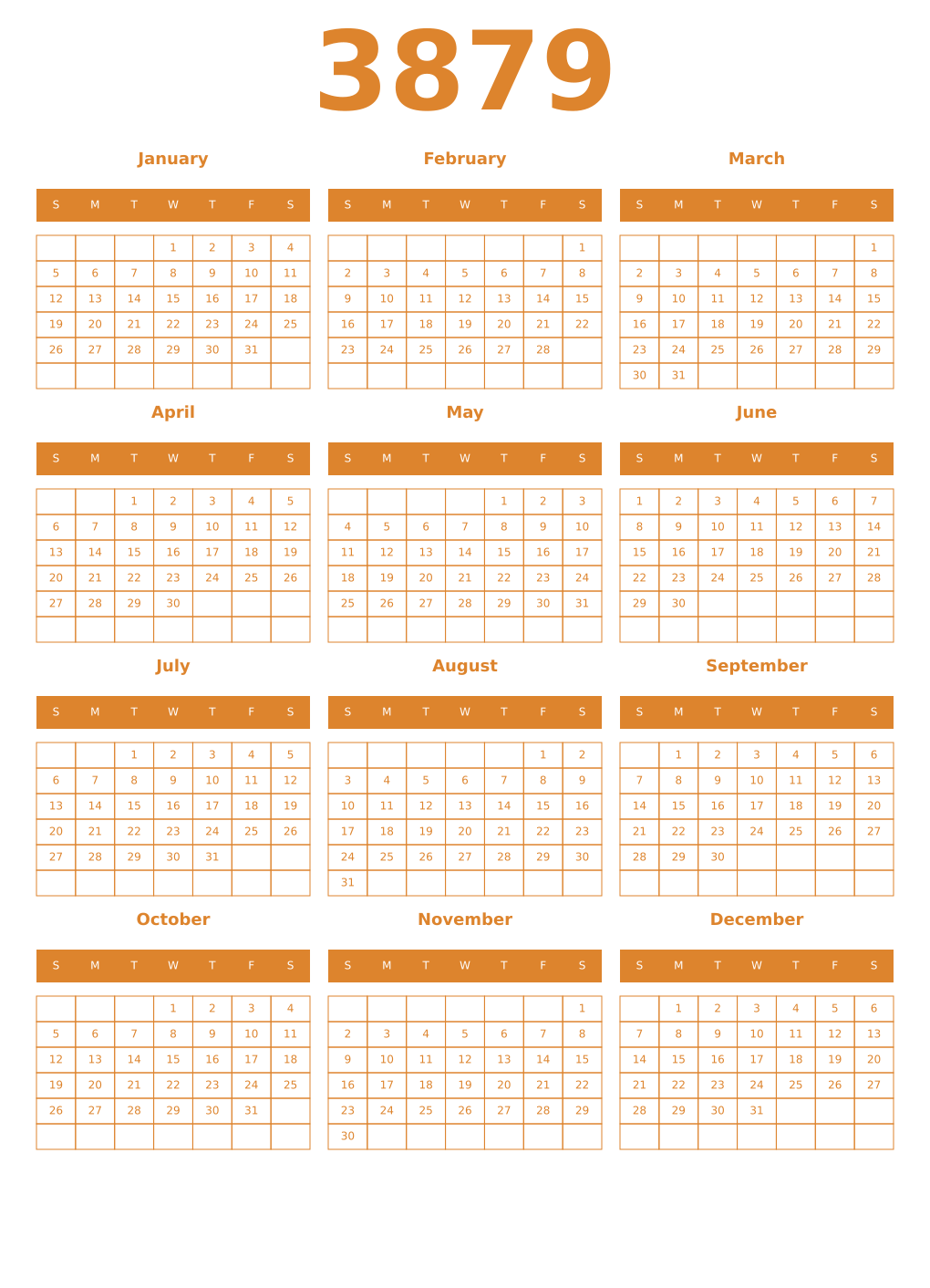 Printable 3879 Year Calendars orange