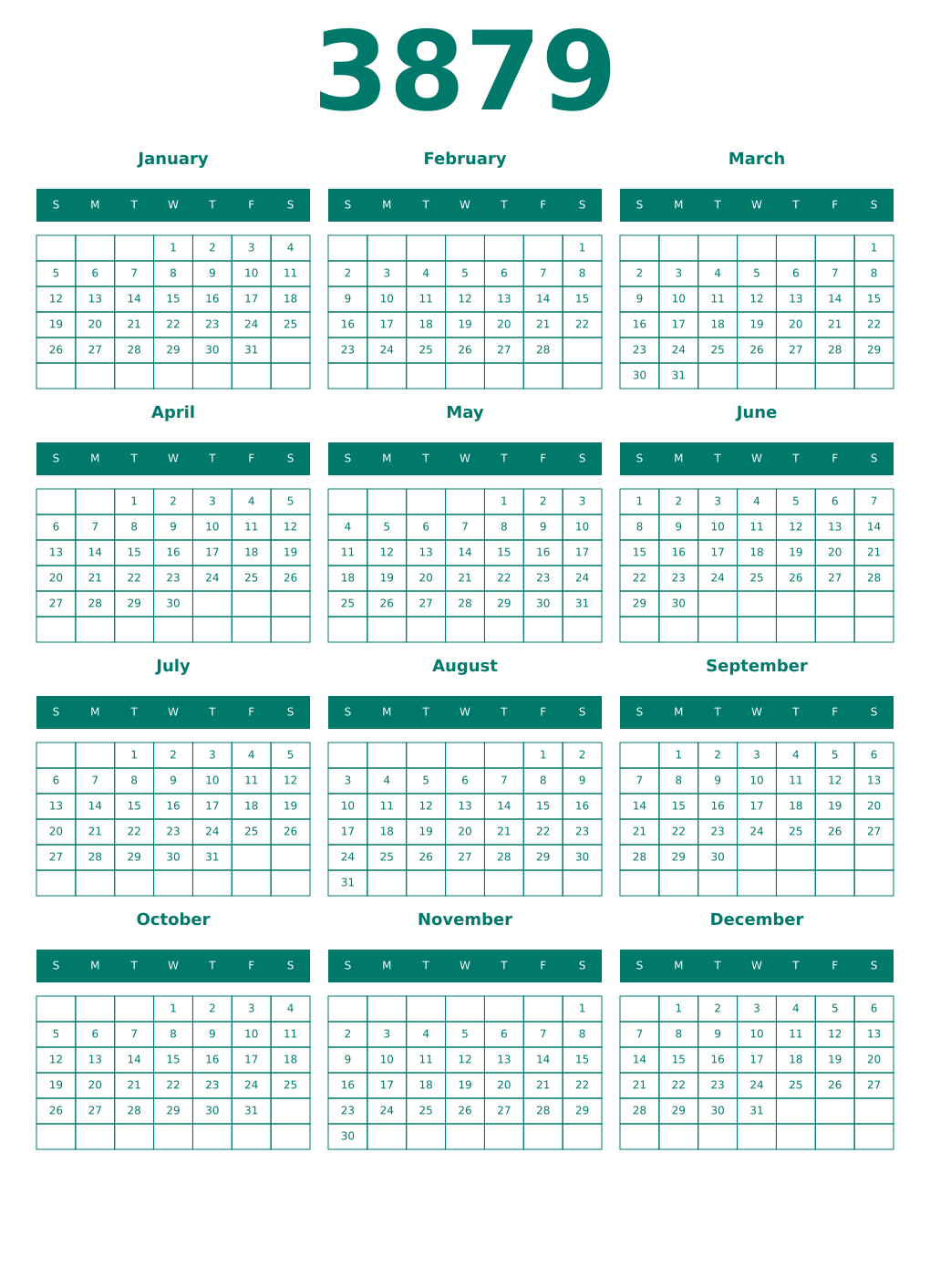Printable 3879 Year Calendars pastel