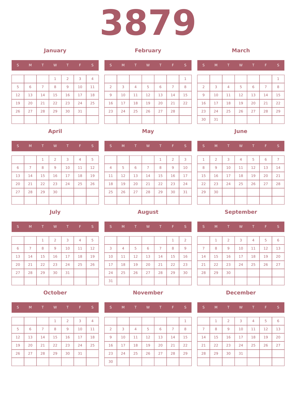 Printable 3879 Year Calendars puce