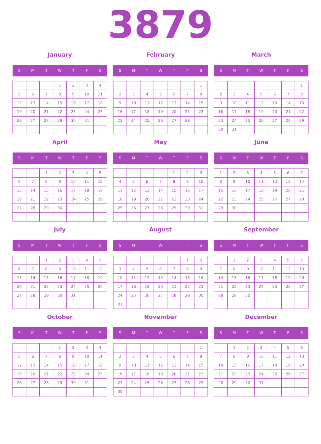 Printable 3879 Year Calendars purple
