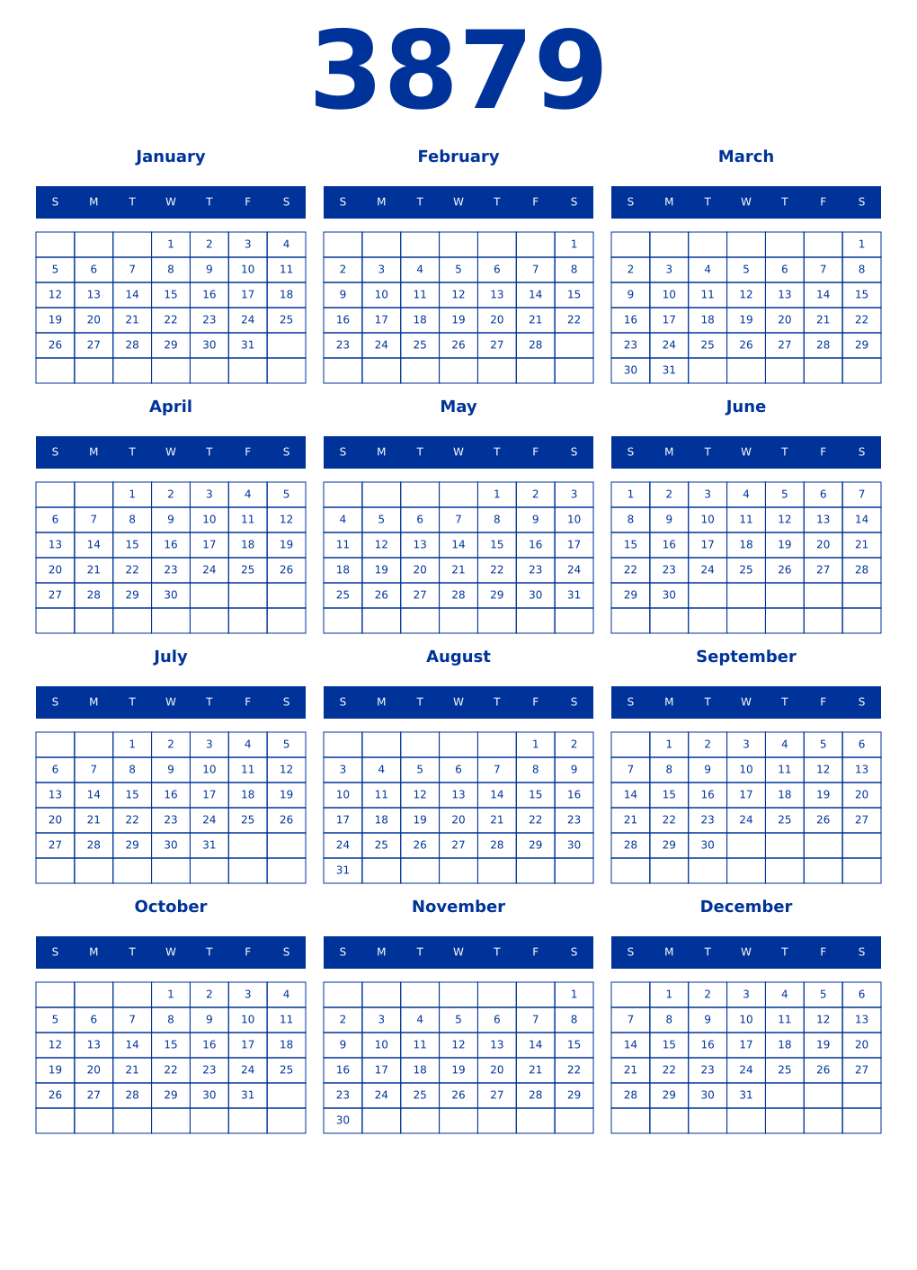 Printable 3879 Year Calendars smalt