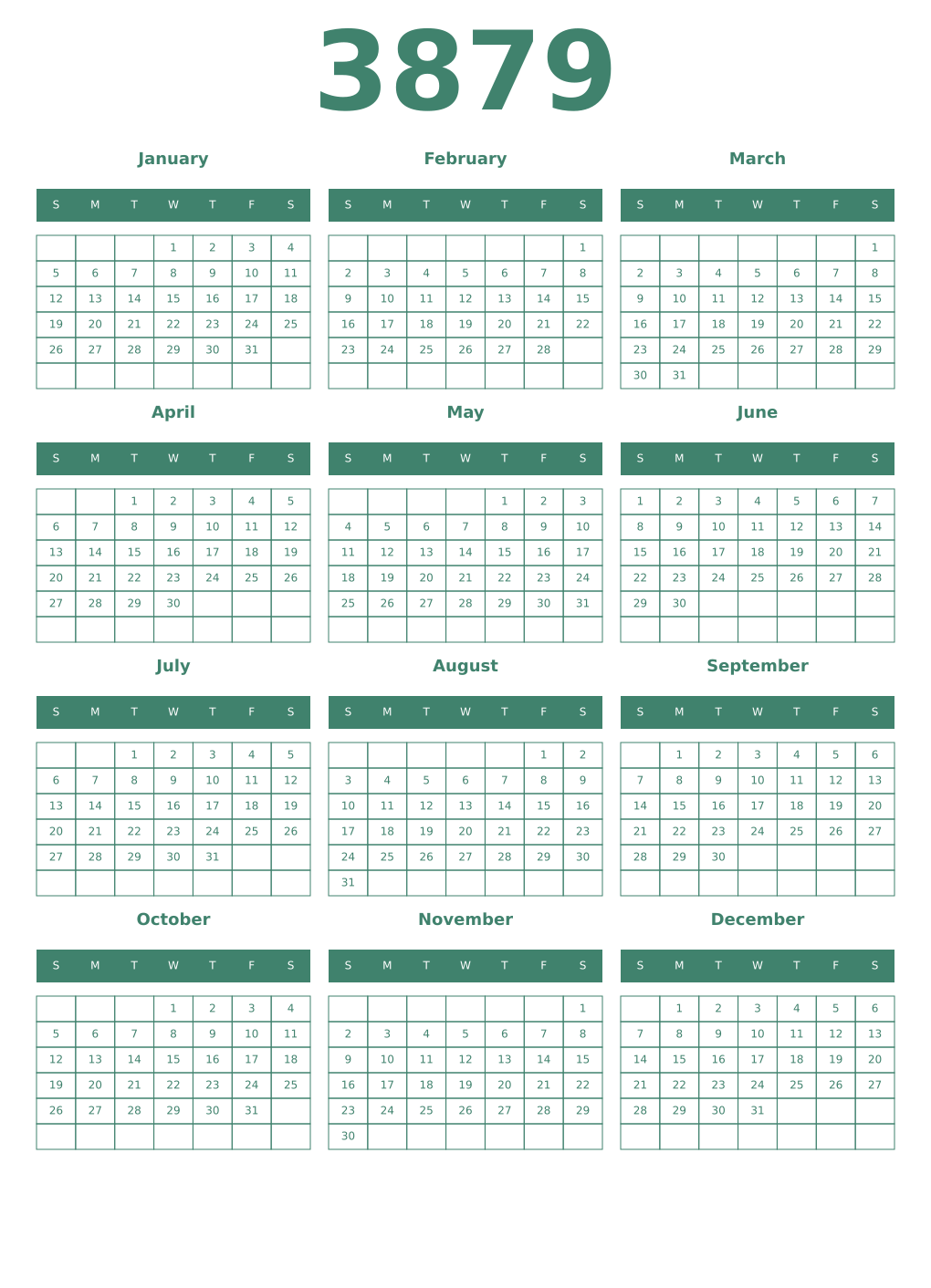 Printable 3879 Year Calendars viridian